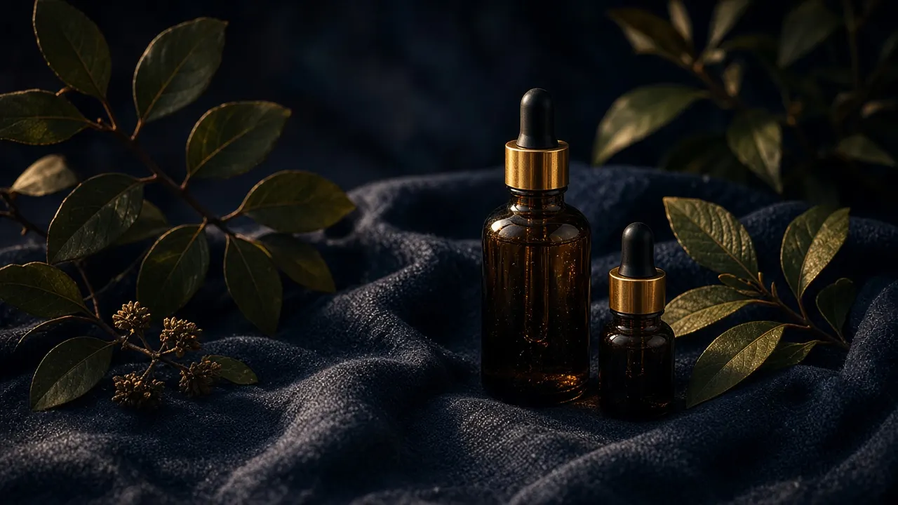Amber dropper bottles on navy fabric